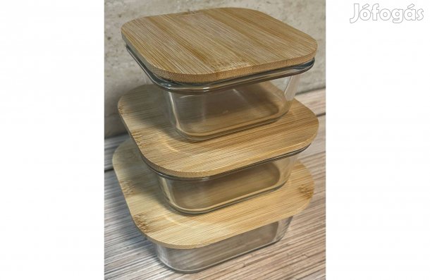 3 részes tárolódoboz tároló edény készlet szett /üvegtál, bambusz fedő