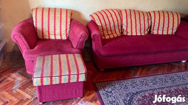 3 személyes kanapé, fotel, tárolós puff