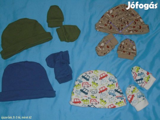 3 szett sapka és karmolás elleni kesztyű 0-3 hó (méret 62)