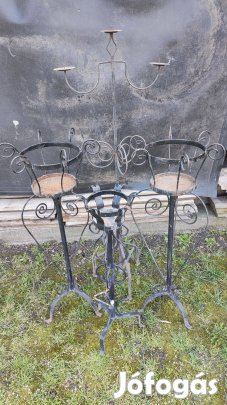 3db kovácsoltvas virágtartó, virág állvány, + 1db gyertyatartó