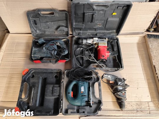 4 db barkács gép (fúró, fúrókalapács, dekopír, orrfűrész)