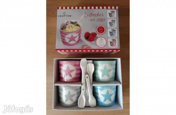 4 db-os porcelán fagylalt pohár, desszert szett kanállal, fagyi kehely
