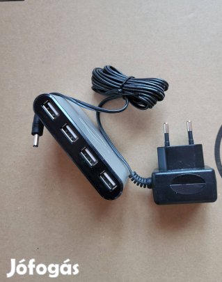 4 portos USB elosztó/hub külső táppal (230V adapter), működő, hosszú k