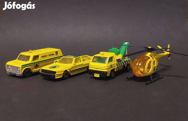 4db set Forest Patrol sárga fém autó kocsi helikopter