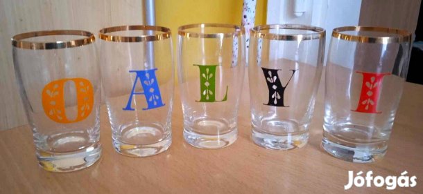 5 db retro nagy színes betűkkel díszített üvegpohár