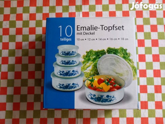 5 db új, zománcozott tároló edény műanyag fedelekkel