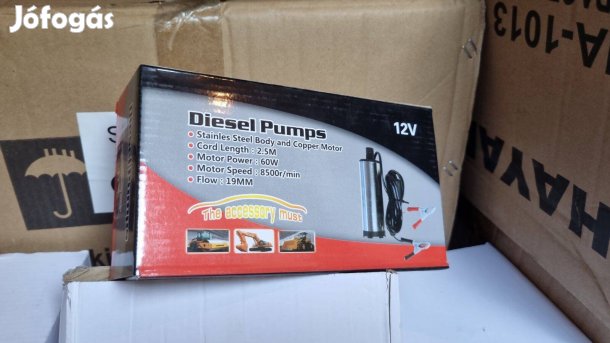 60W-os, 12V-os csipeszes gázolaj merülő szivattyú pumpa 38mm átmérő