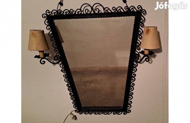 60'-as évekbeli retro kovácsoltvas tükör, falikarokkal