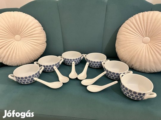 6 db-os porcelán leveses tányér + kanál szett