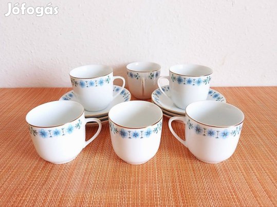 6 db porcelán teás csésze és alátét kistányér, teás készlet