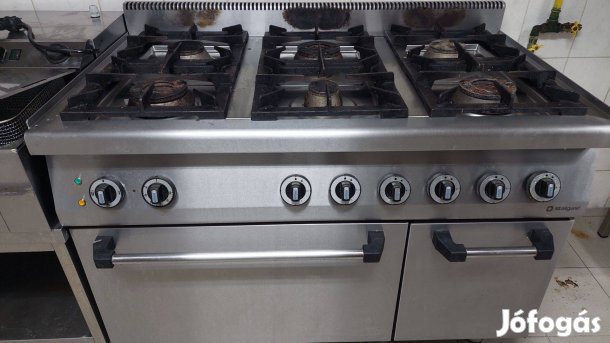6 égőfejes ipari gáztűzhely elektromos sütővel, tárolóval, áfásan