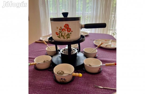 6 személyes fondü készlet kovácsoltvasból és kerámiából - új