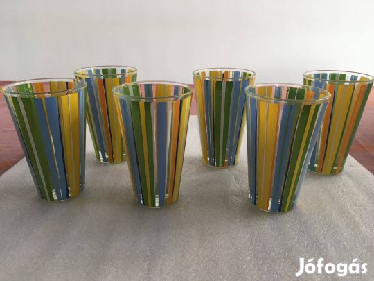6db új, csíkos mintás, színes, üvegpohár, vizes, üdítős pohár