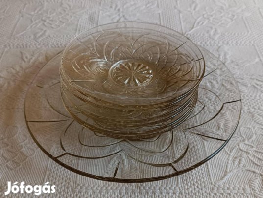 7 Darabos Szép Régi Art Deco Üveg Süteményes Készlet / Szett