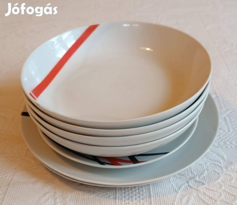 7 Darabos "Living" Modern Szines Mintás Fehér Porcelán Tányér Készlet