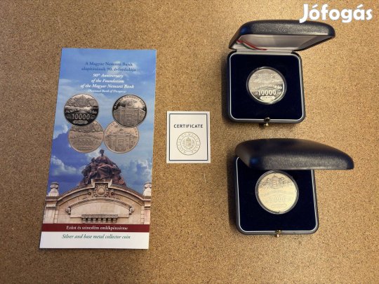 90 éves az MNB 2000 és 10000 forintos érmék tanúsítvánnyal + díszdoboz