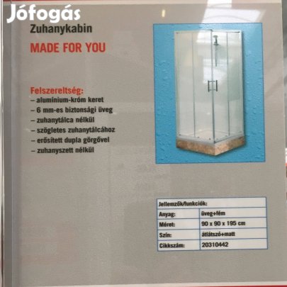 90x90 x 195 cm-es Zuhanykabin (üveg és fém)