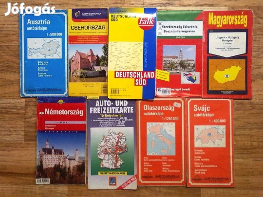9 db autóstérkép egy csomagban (Svájc, Ausztria, Cseh és Olaszország