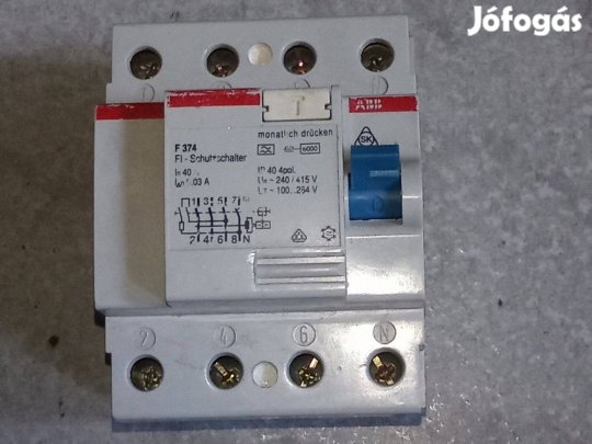 ABB F374 3 fázisú FI-relé, áram védőkapcsoló, Évé relé 40A / 30mA