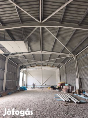 Acélszerkezet, gépszín, gabona-, széna tároló, műhely raktár épület