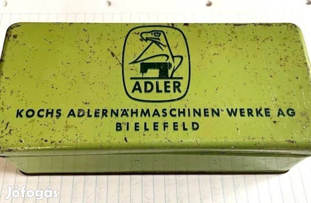 Adler varrógép doboz, fém doboz, pléh doboz, antik