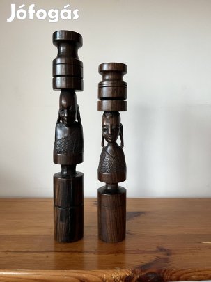 Afrikai faragott ébenfa szobor gyertyatartó pár