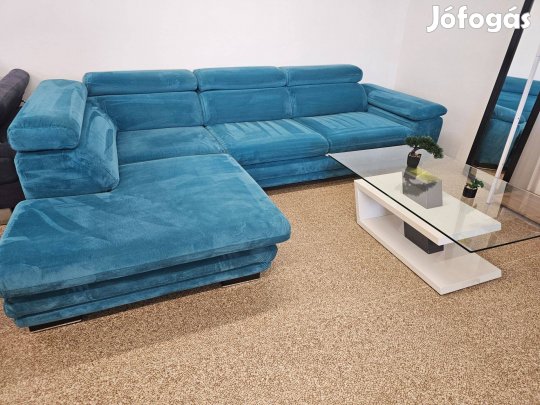 Ágyazható, állítható fejtámlás kék sarokkanapé