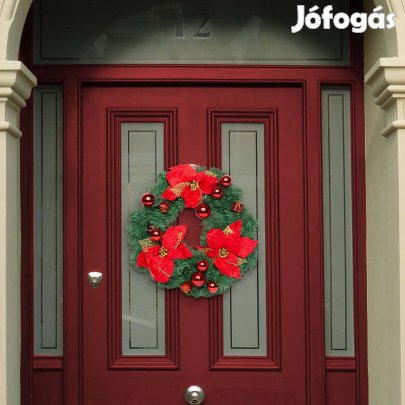 Ajtódísz Karácsonyi / koszorú 40 cm zöld piros díszekkel és virágokkal