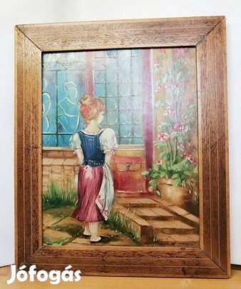 Ajtóm előtt. Szecessziós stílusú festmény M. Varga szignóval