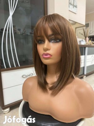 Akció: Új 100% kezelt emberi haj paróka eladó, középhosszú, középbarna