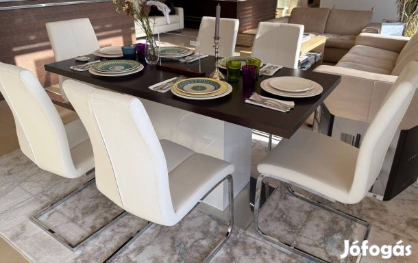 Akciós - modern étkezőasztal és 6 db fehér szánkótalpas szék