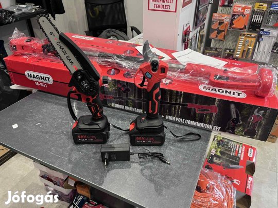Akkus magassági ágvágó szett metszőolló+mini láncfűrész 2db akku+töltő
