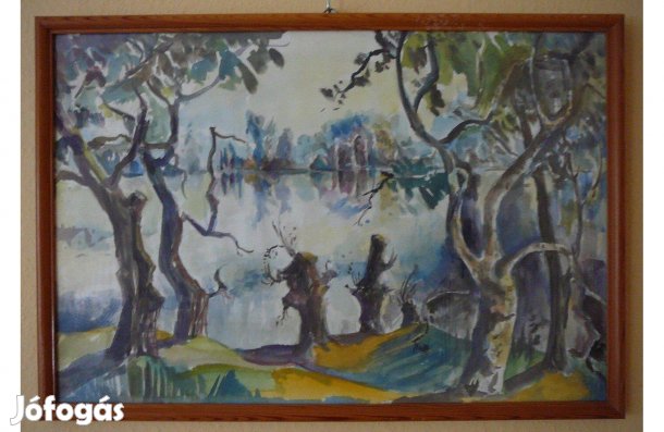 Akvarell tájkép, üvegezett keretben, retro. 58x40cm