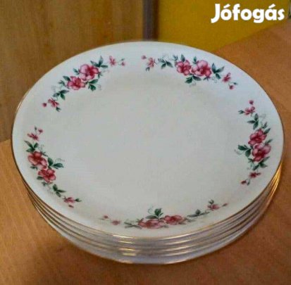 Alföldi porcelán lapostányérsor, 5 db. rózsaszín virágos