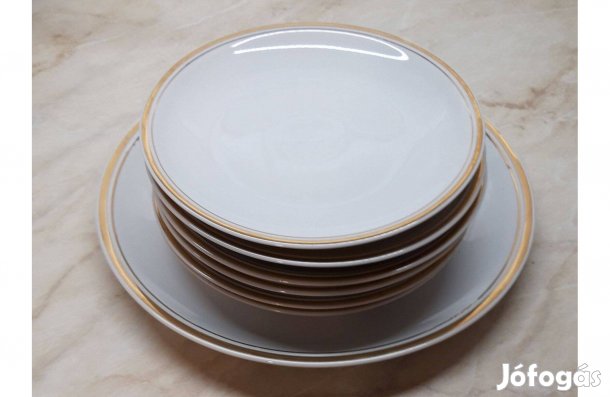 Alföldi porcelán süteményes készlet, arany szegélyes. Tál és 6 tányér