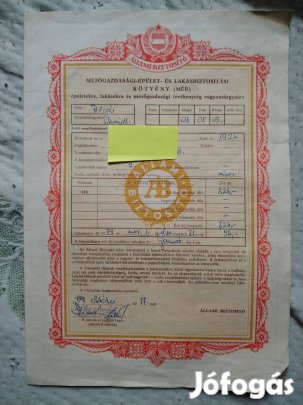 Állami Biztosító biztosítási kötvény, retró