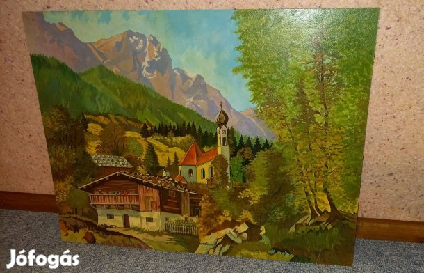 Alpesi Tájkép Parasztházzal Templommal Festmény, Szignált Olajfestmény