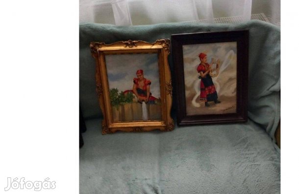 Amatőr olaj festmény vásznon matyó téma tájkép portré erotikus