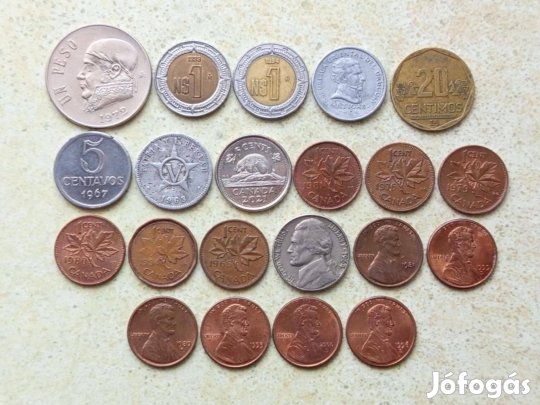 Amerika 21 db Különböző Érme USA Kanada Uruguay Peru Mexikó Stb