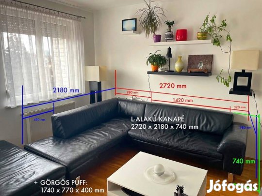 Andante fekete L alakú bőr sarokkanapé görgős puffal