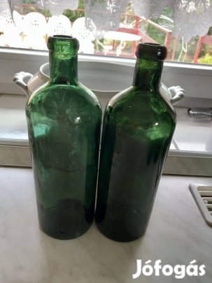 Antik 1 l-es zöld boros üveg párban