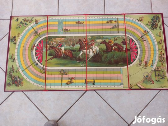 Antik A lóverseny társasjáték ólom zsokékkal, fa dobókockával