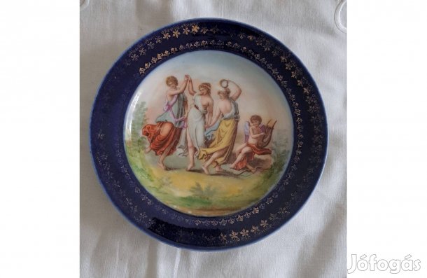 Antik Altwien kék szélű zsáner jelenetes porcelán