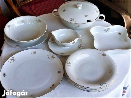 Antik Bohemia porcelán 11 db.-os fehér-arany tálalókészlet