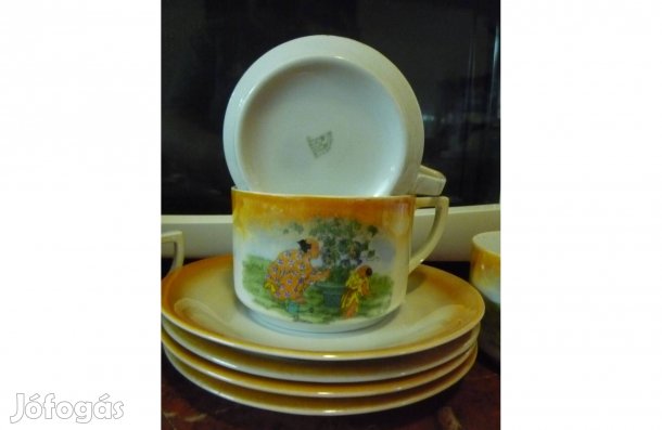 Antik Drasche porcelán lüszter mázas teáscsésze kistányér egyben 8 db