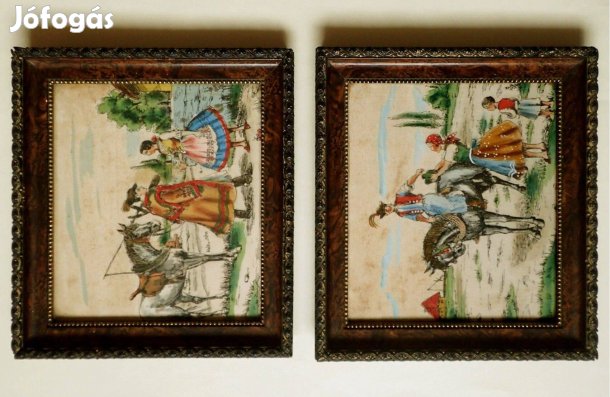 Antik Jelzett selyemre festett folklór népi fali kép fa blondel keret