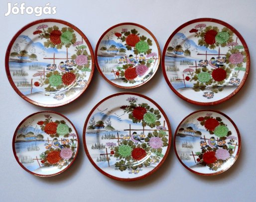 Antik Kutani japán jelzett tojáshéj porcelán készlet tál tányér