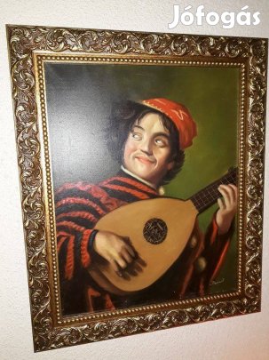 Antik Louvre festmény, 1623: Lanton játszó bohóc, aláírt olajfestmény