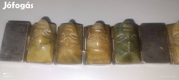 Antik Mexikoi sterling ezüst karkötő faragott Jáde fejekkel. Kivételes