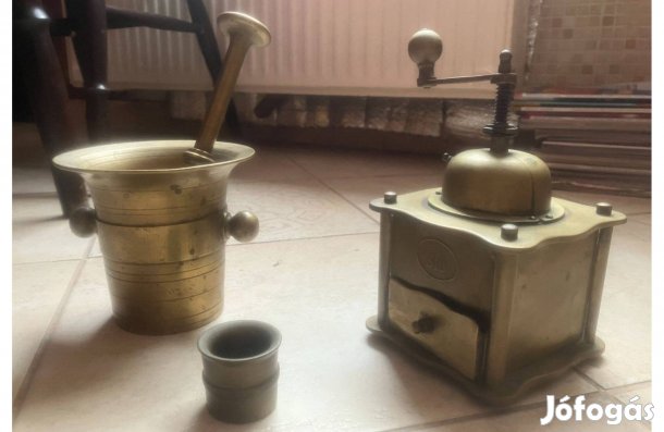 Antik Rézmozsár, Réz Kávédaráló, és Pici Rézmozsár